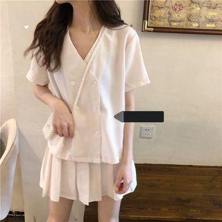 Short-sleeve Double Breasted Shirt / Pleated Mini Skirt