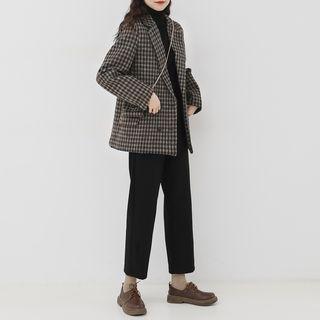 Checked Double-breasted Blazer / Turtleneck Long-sleeve Knit Top