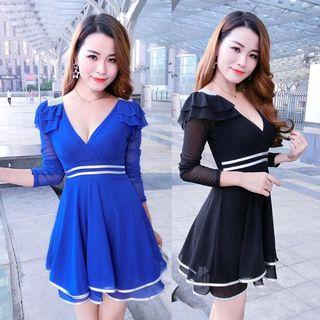 V-neck Long-sleeve A-line Mini Dress