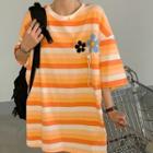 Short-sleeve Striped Flower-patched Oversize T-shirt