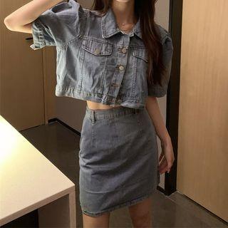 Set: Puff-sleeve Button-up Denim Jacket + Mini Pencil Skirt Set Of 2 - Denim Jacket & Skirt - Blue - One Size