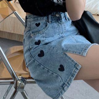 Heart Embroidered Slit Denim Mini A-line Skirt