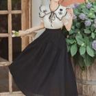 Short-sleeve Beaded Flower Blouse / Midi A-line Skirt / Set