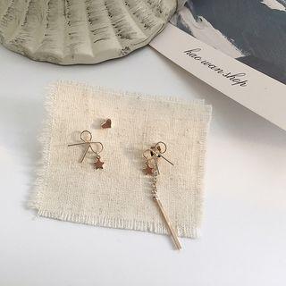 Non-matching Alloy Bow & Bar Dangle Earring Silver Needle - Set Of 3 - One Size