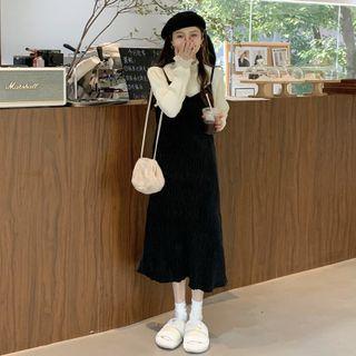 Spaghetti Strap Velvet Midi Overall Dress / Long-sleeve Mock-neck Top