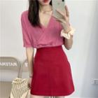 V-neck Short-sleeve Knit Top / Mini A-line Skirt