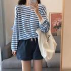 Long Sleeve Cold Shoulder Striped T-shirt / Drawstring Shorts / Set