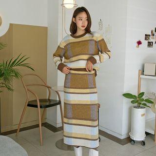 Set: Striped Knit Top + H-line Long Skirt Brown - One Size