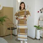 Set: Striped Knit Top + H-line Long Skirt Brown - One Size