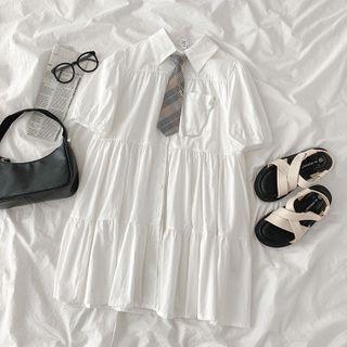 Short-sleeve Tie-neck Mini A-line Shirt Dress White - One Size