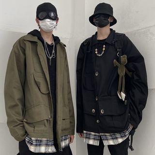 Plaid Panel Hem Button Jacket