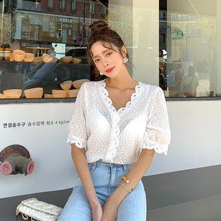 Scallop-edge Eyelet-lace Blouse White - One Size