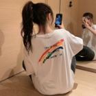 Elbow-sleeve Rainbow Letter Printed T-shirt