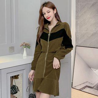 Long-sleeve Front-zip Ruffle Hem A-line Mini Dress