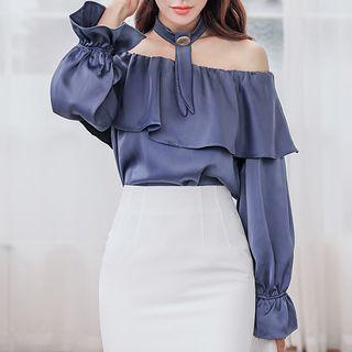 Cold-shoulder Ruffle-trim Long-sleeve Blouse