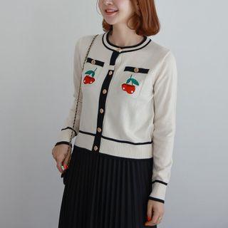 Cherry Embroidery Contrast-trim Cardigan