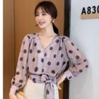 Dotted Tie-waist Chiffon Blouse