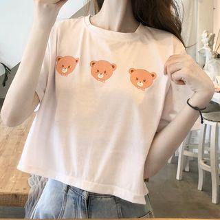 Elbow-sleeve Cropped Bear Print T-shirt