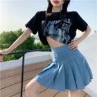 Short-sleeve Print T-shirt / Mini A-line Pleated Skirt / Blazer