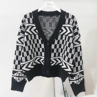 Long-sleeve V-neck Cardigan Plaid  - Black & White - One Size