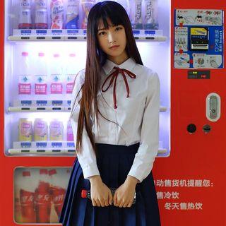 Set: Long-sleeve Chiffon Blouse + Ribbon Neck Tie + Pleated A-line Skirt