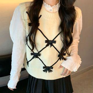 Bow-accent Sweater Vest White - One Size