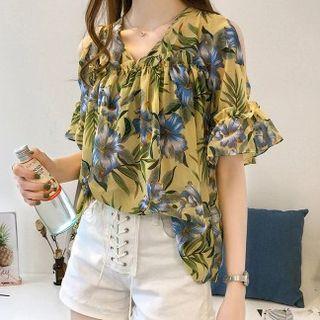 Flower Print Cold-shoulder Chiffon Top