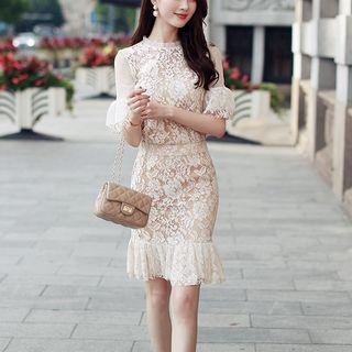 Set: Lace Short-sleeve Top + Ruffle Hem Skirt