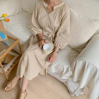 Open-placket Puff-sleeve Shirtdress With Sash