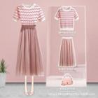 Short Sleeve Pattern Knit Top / Mesh A-line Skirt / Set