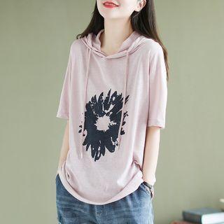Elbow-sleeve Floral Print Hoodie