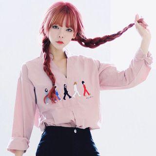 Long-sleeve V-neck Embroidery Blouse