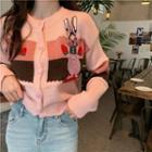 Cartoon-embroidered Crew-neck Cardigan Pink - One Size