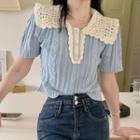 Short-sleeve Collar Cable Knit Crop Top