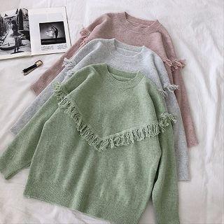 Plain Fringed Panel Crewneck Long-sleeve Sweater