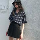 Striped Short-sleeve Chiffon Shirt Black - One Size