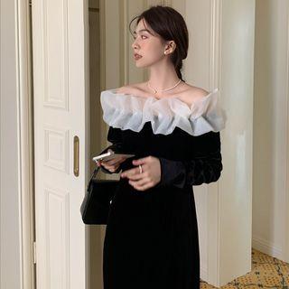 Long Sleeve Off-shoulder Velvet Dress Black - One Size