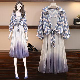 Set: 3/4-sleeve Curve Striped Shirt + Spaghetti Strap Midi A-line Mesh Dress