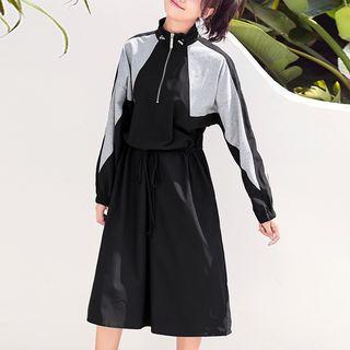 Color Block Drawstring Long-sleeve Dress Black - One Size