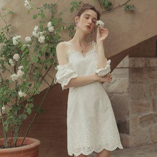 Elbow-sleeve Cold-shoulder Eyelet Mini Sheath Dress