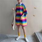 Rainbow-stripe Short-sleeve Polo Dress As Shown In Figure - One Size