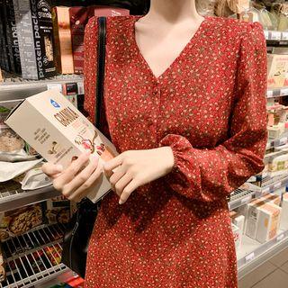 V-neck Long-sleeve Floral Print Midi Chiffon Dress