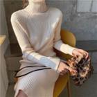 Turtleneck Ribbed Knit Midi Dress
