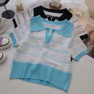 Short-sleeve Open-collar Jacquard Knit Top