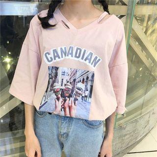 Ripped Printed Elbow Sleeve T-shirt