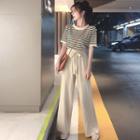 Set: Elbow-sleeve Striped Knit Top + Wide-leg Pants As Shown In Figure - One Size