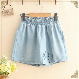 Bear Embroidered Denim Skorts
