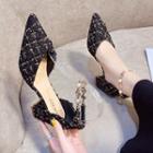Block Heel Faux Pearl Rhinestone Ankle Strap Pointed Dorsay Pumps