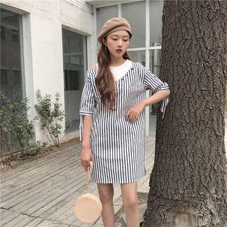 Pinstripe Short-sleeve Mock Two-piece Dress