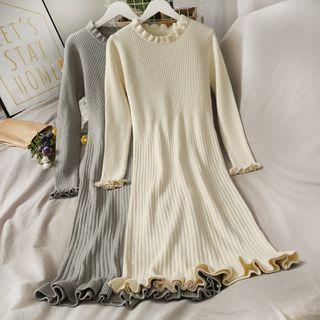 Ruffled-trim Rib-knit Midi Dress